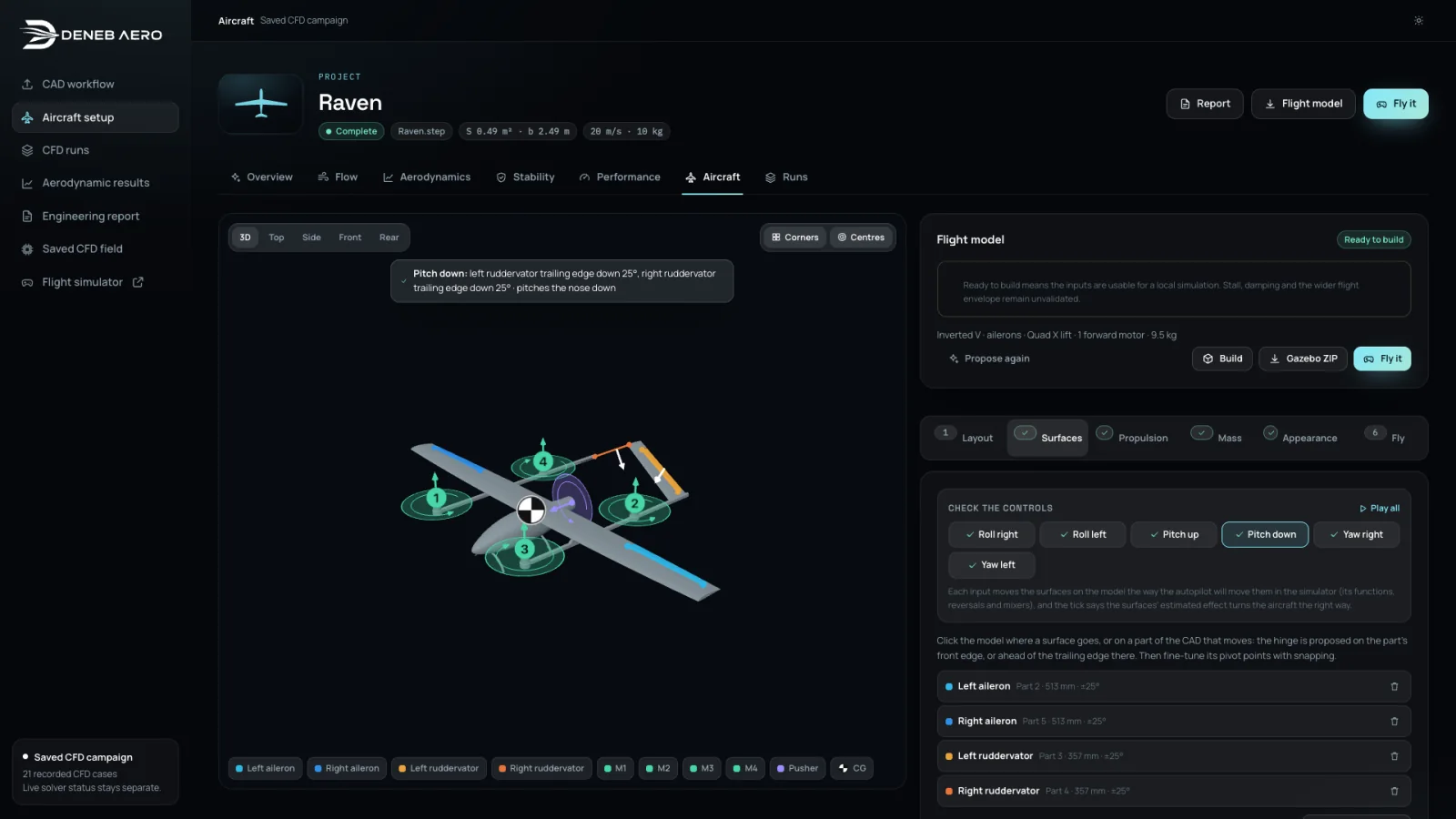 Raven aircraft and control-surface setup in Deneb Aero