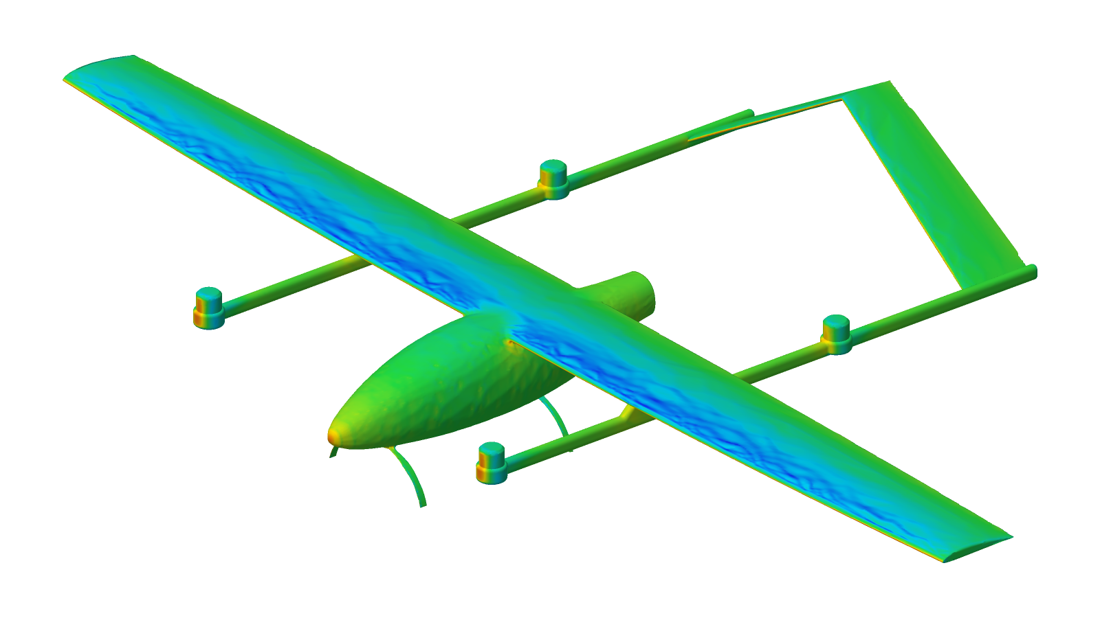 Pressure on Raven. Surface pressure from the solver’s wall values at α 2°, 20 m/s. Suction (blue) on the upper wing pulls it up; red marks the stagnation lines on the leading edges and nose.
