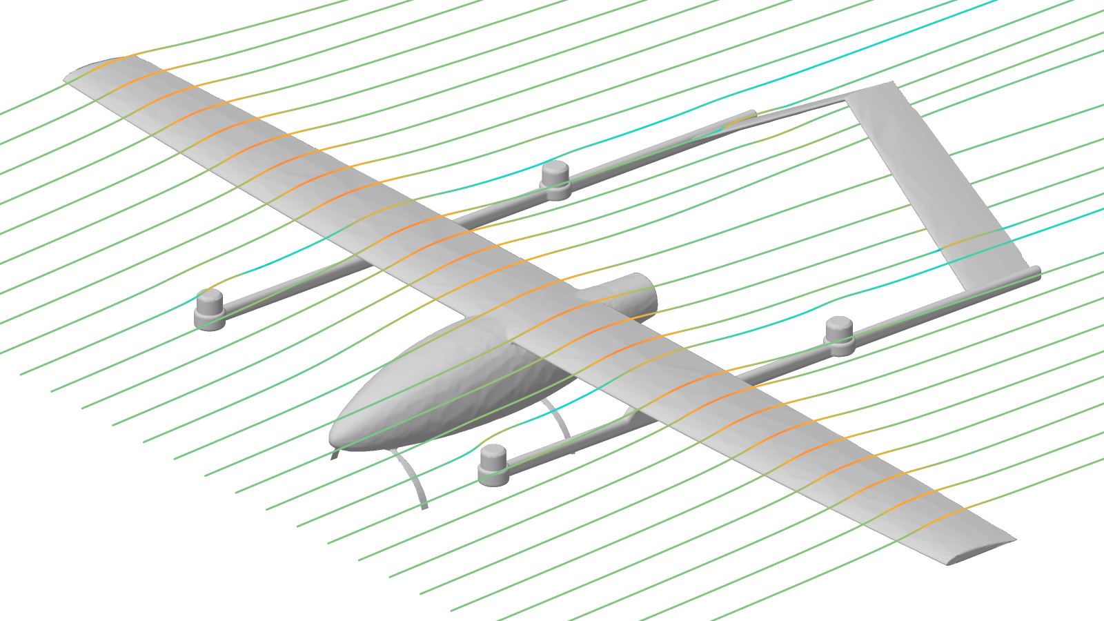 Streamlines. Air released ahead of Raven just above the wing, traced by the solver through its solution and coloured by speed. It speeds up as it passes over the wing (orange), the low pressure that carries the aircraft, then slows again and leaves the trailing edge turned down.