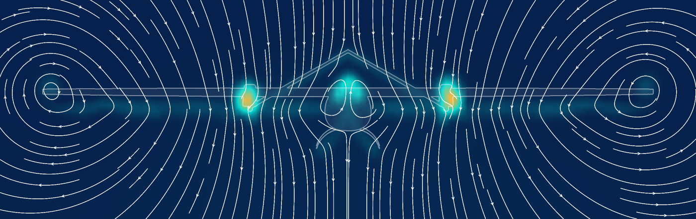 The wake, seen from behind. A cross-flow cut just behind the tail, with Raven’s outline faintly behind it. Colour is the speed the air has lost; the lines show the air’s sideways motion, turning round the two tip vortices and down between them.